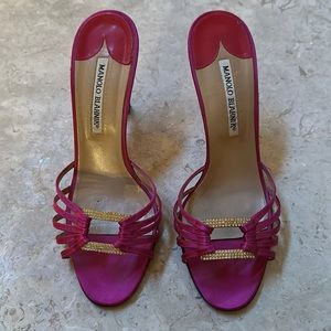 Hot Pink Manolo Blahnik slides with rhinestone embellishment